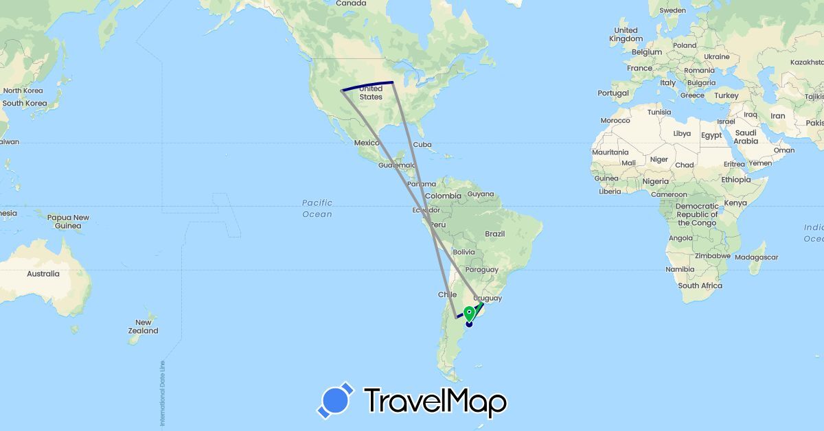 TravelMap itinerary: driving, bus, plane in Argentina, United States (North America, South America)
